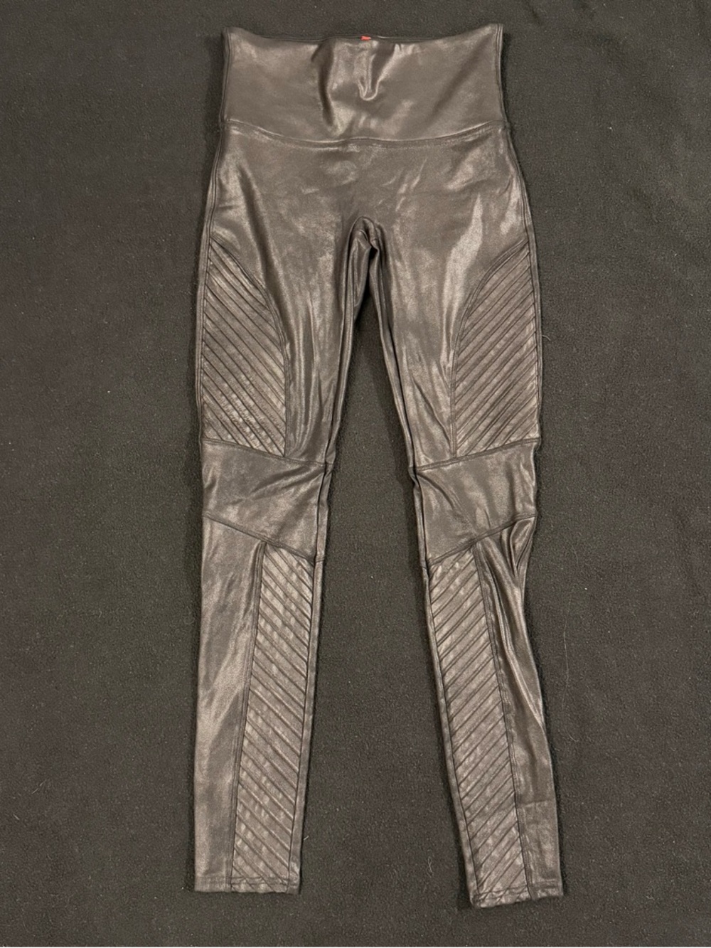 SPANX Black Faux Leather Leggings with Red Logo Tag